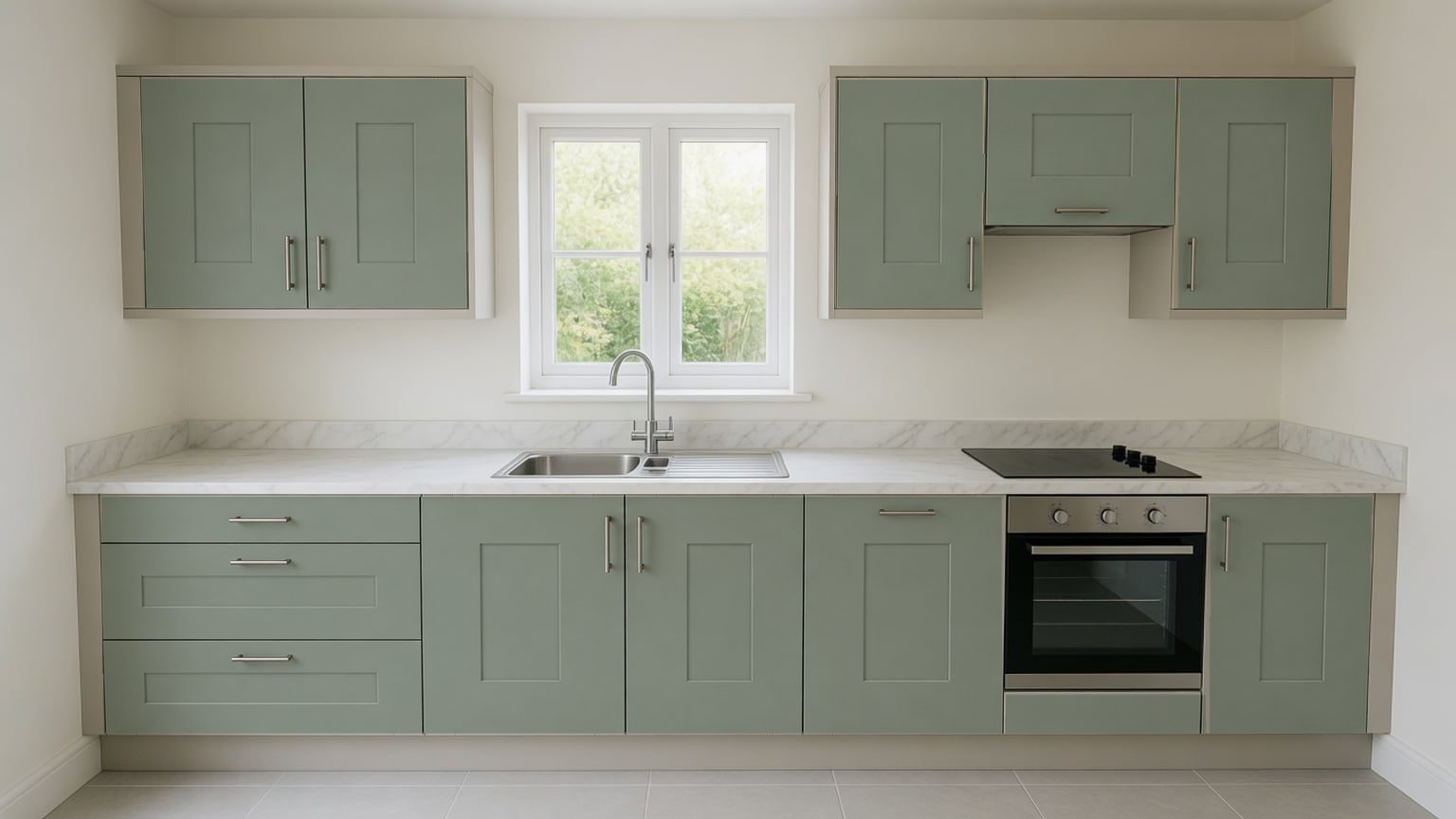 The same example kitchen with sage green shaker doors