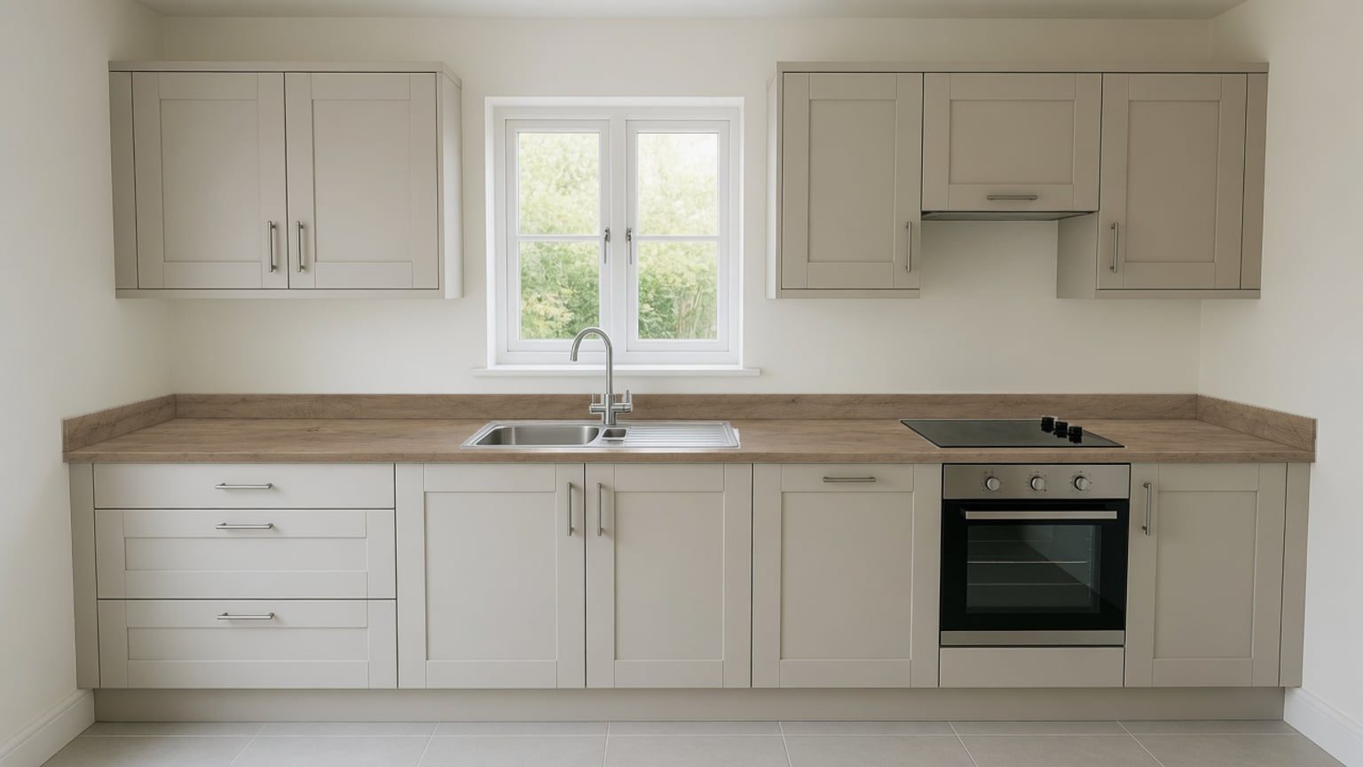 The same example kitchen with a wood-effect worktop