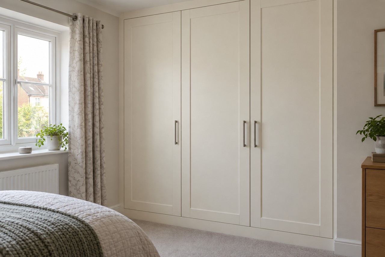Example fitted bedroom with full-height shaker wardrobe doors