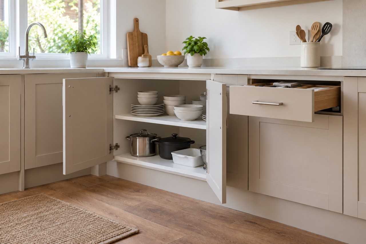 Example kitchen cabinet with open doors, fitted shelves and a storage drawer