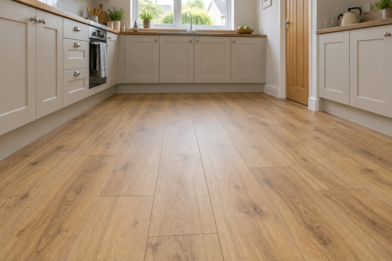 Example oak-effect plank flooring in a kitchen