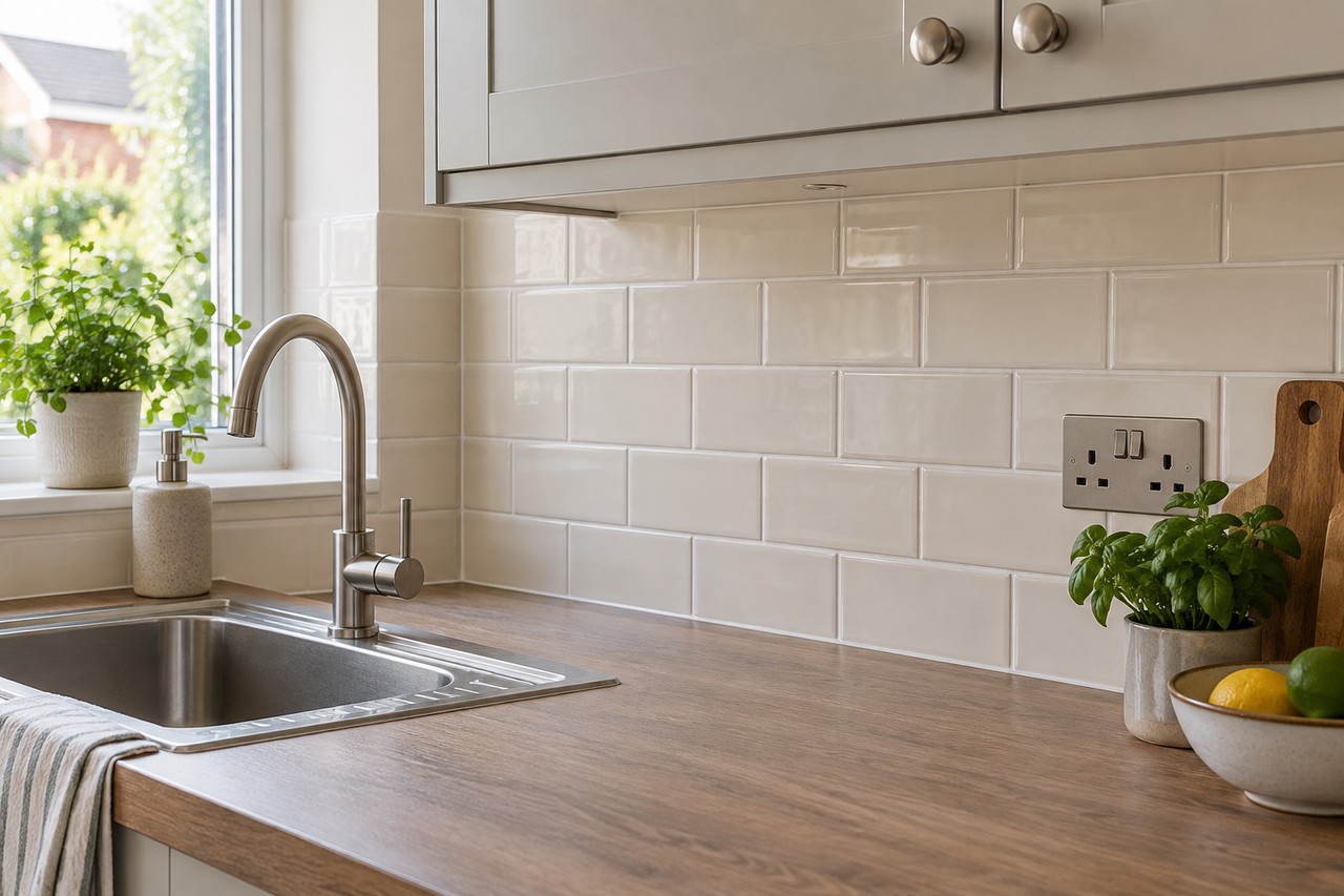 Example ceramic tiled splashback above a kitchen worktop