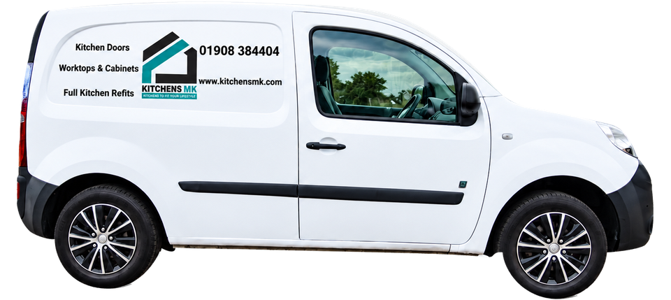 The white Kitchens MK van, side on, with the Kitchens MK logo, Kitchen Doors, Worktops & Cabinets, Full Kitchen Refits, 01908 384404 and www.kitchensmk.com on the side