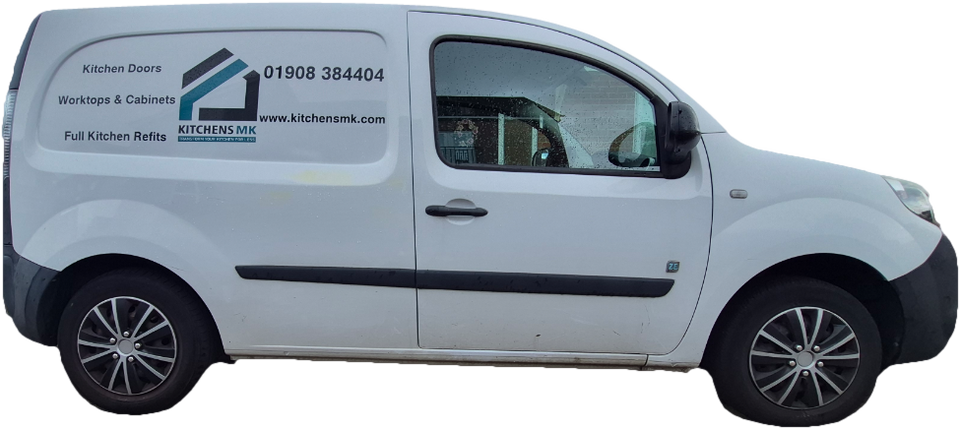 The white Kitchens MK van, side on, with the Kitchens MK logo, Kitchen Doors, Worktops & Cabinets, Full Kitchen Refits, 01908 384404 and www.kitchensmk.com on the side