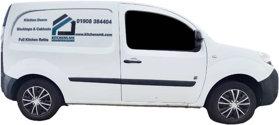 The white Kitchens MK van, side on, with the Kitchens MK logo, Kitchen Doors, Worktops & Cabinets, Full Kitchen Refits, 01908 384404 and www.kitchensmk.com on the side