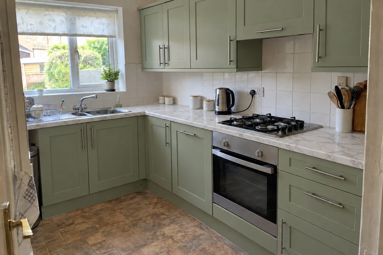 The same example kitchen with Sage Green Wide Smooth Shaker doors and a Grey-Veined White Marble Effect worktop, made by computer