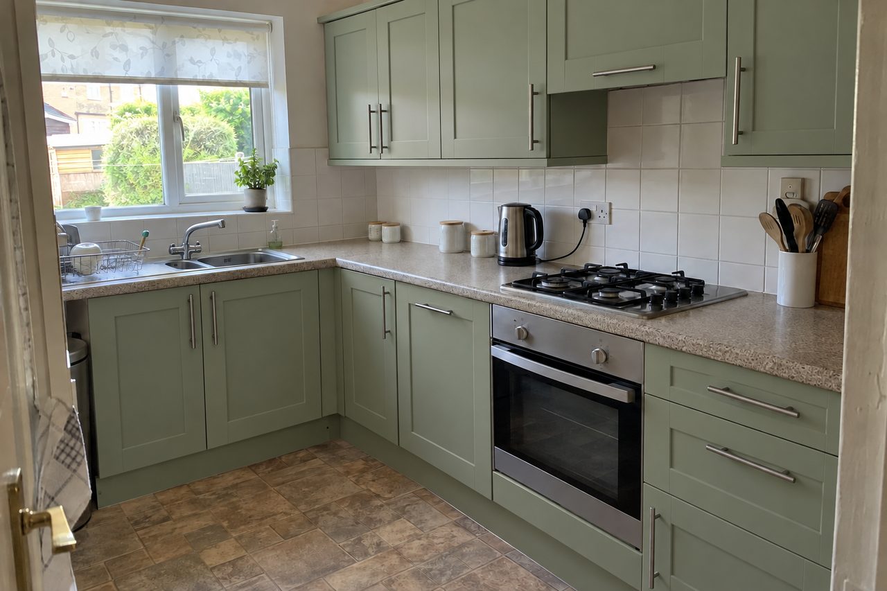The same example kitchen with Sage Green Wide Smooth Shaker doors, made by computer