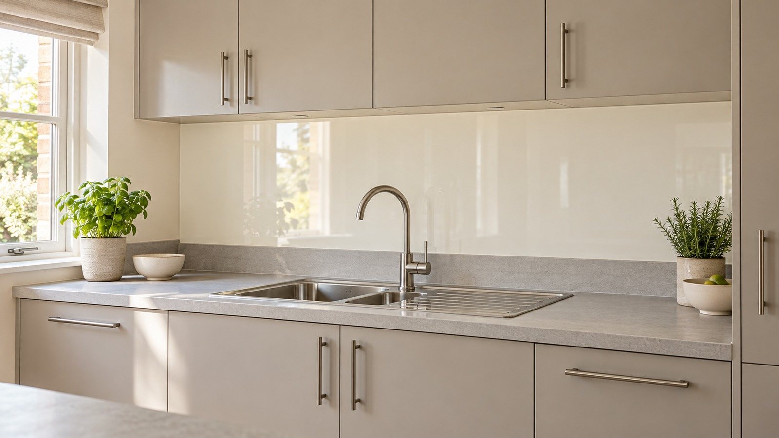 Example kitchen with taupe matt doors, a plain off-white glass splashback, a pale grey worktop, a stainless steel sink and a small herb plant.