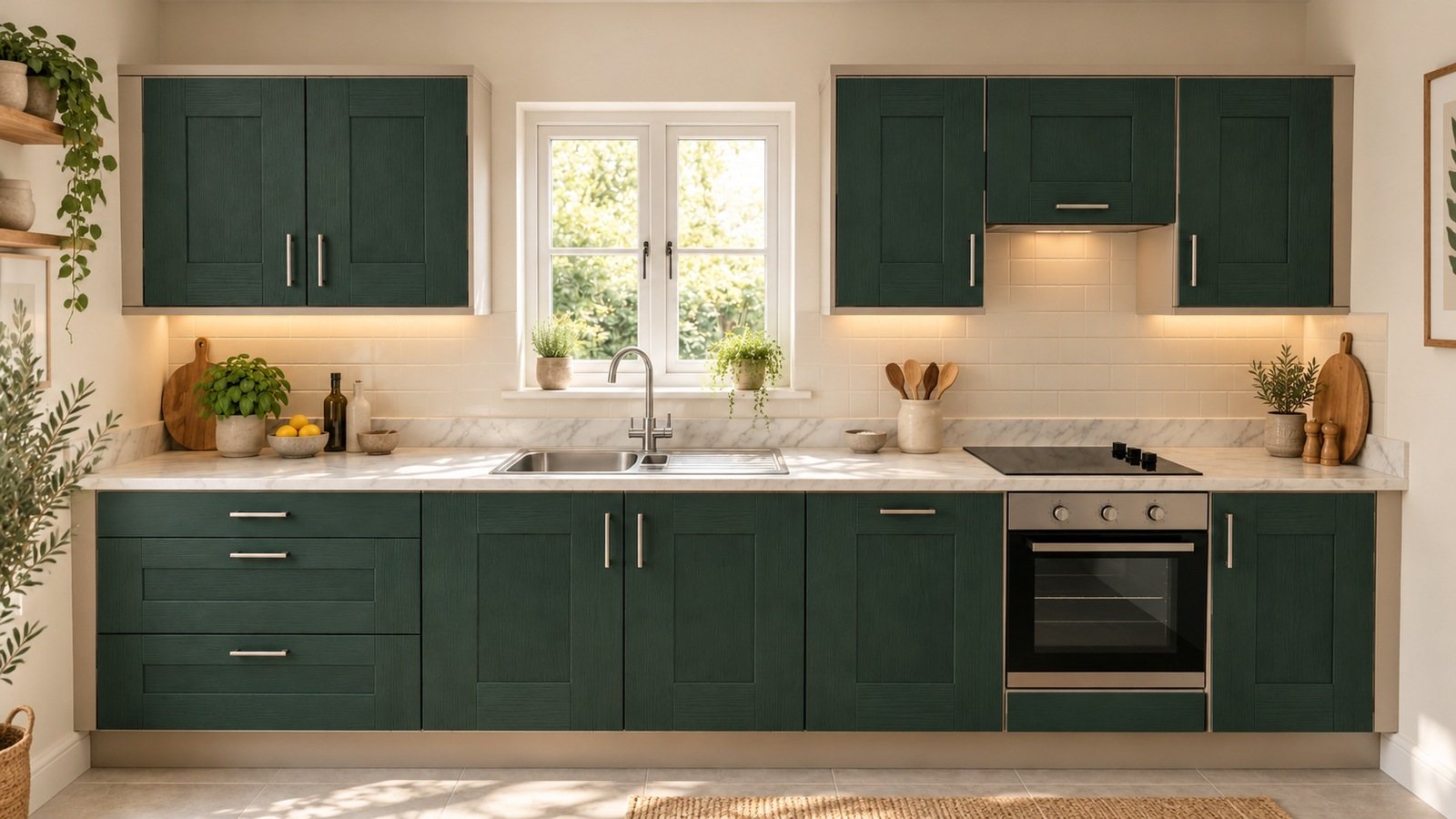 Example kitchen with Dark Green Wide Wood-Grain Shaker doors, a pale marble effect worktop, brushed steel handles, warm off-white tiles and a potted herb.