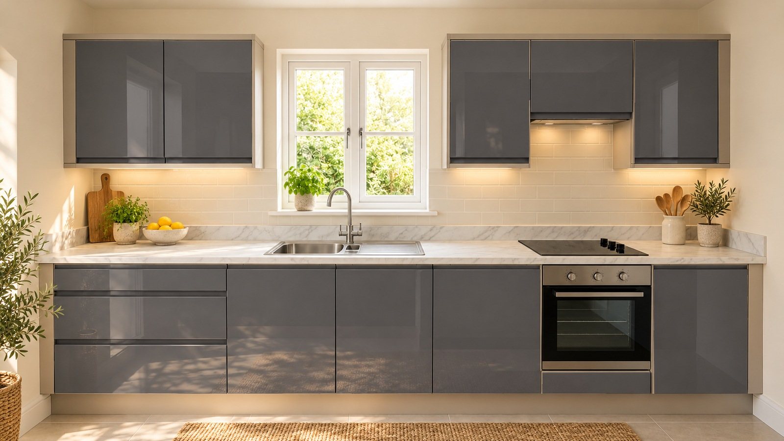 Example kitchen with Dark Grey Gloss J-Handle Slab doors, a Grey-Veined White Marble Effect worktop, cream tile splashback, plants and warm lighting.