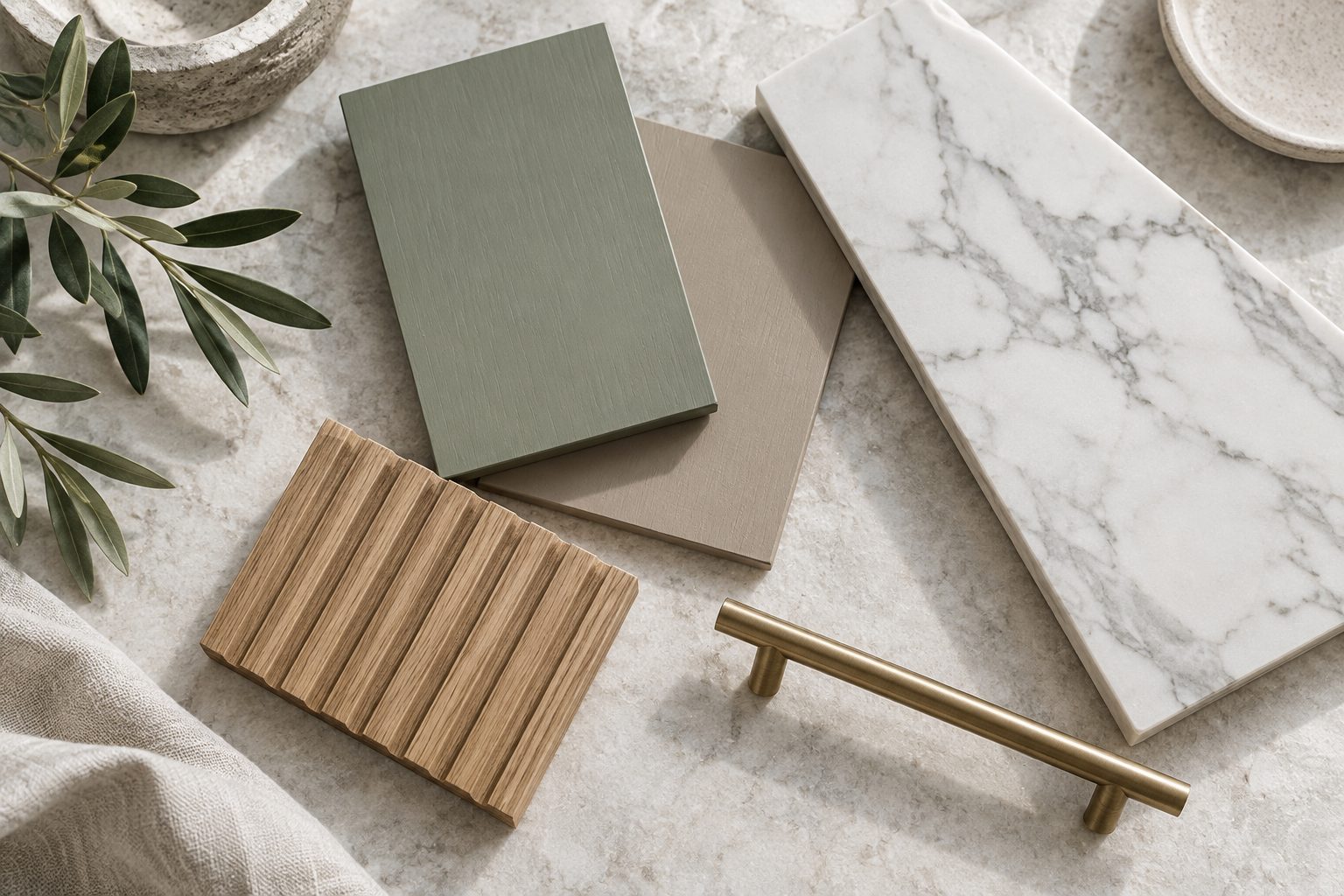 Flat lay of kitchen samples on a pale stone table: sage green and warm taupe painted wood, a white marble-effect offcut with grey veins, a brushed brass bar handle and a small fluted oak sample