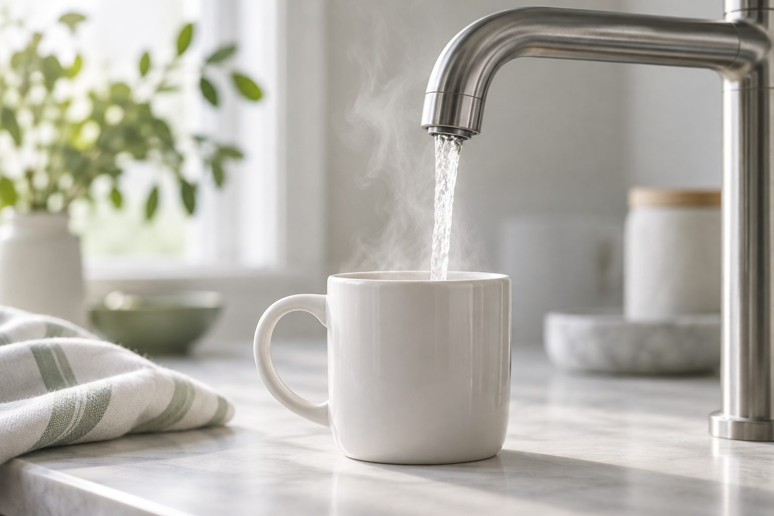 Brushed steel boiling-water tap with steam rising over a white ceramic mug in soft morning light