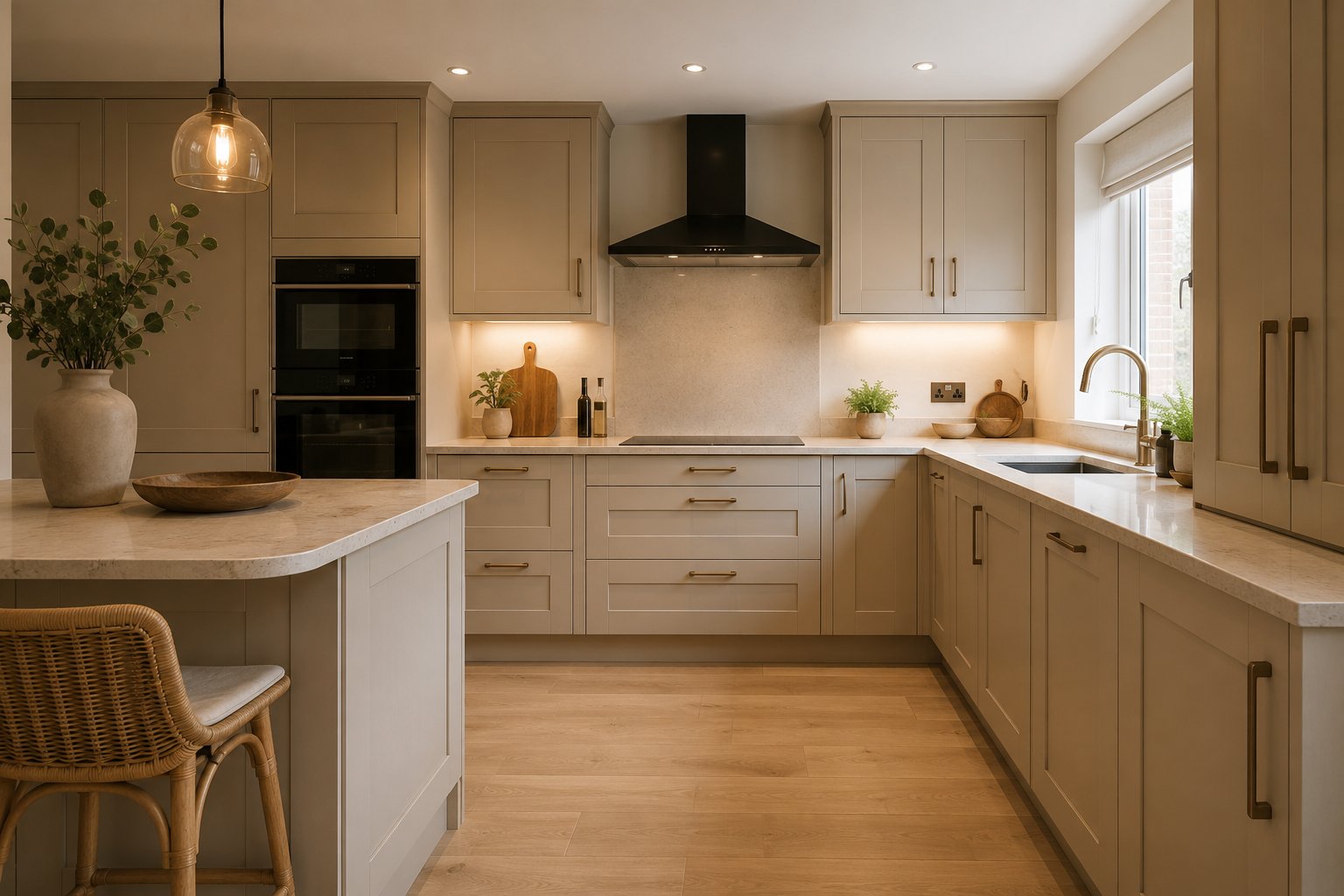 Warm beige shaker kitchen with brass handles, a stone-effect worktop and an island with a rattan stool