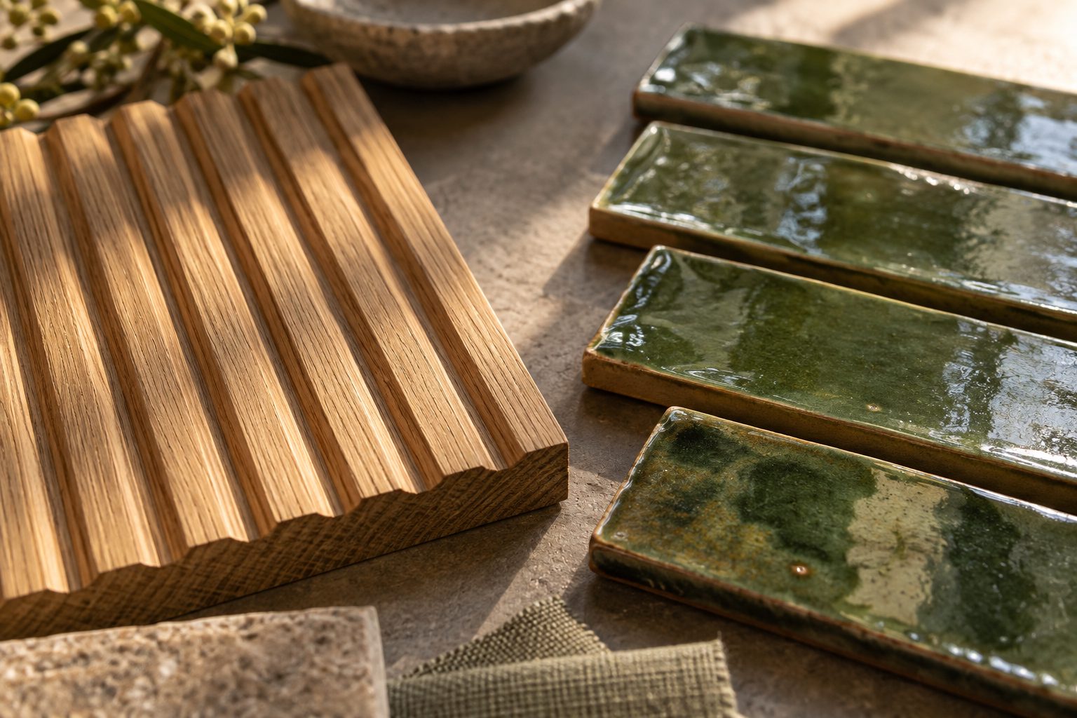 Close view of a fluted oak panel beside green hand-glazed ceramic tiles in raking light